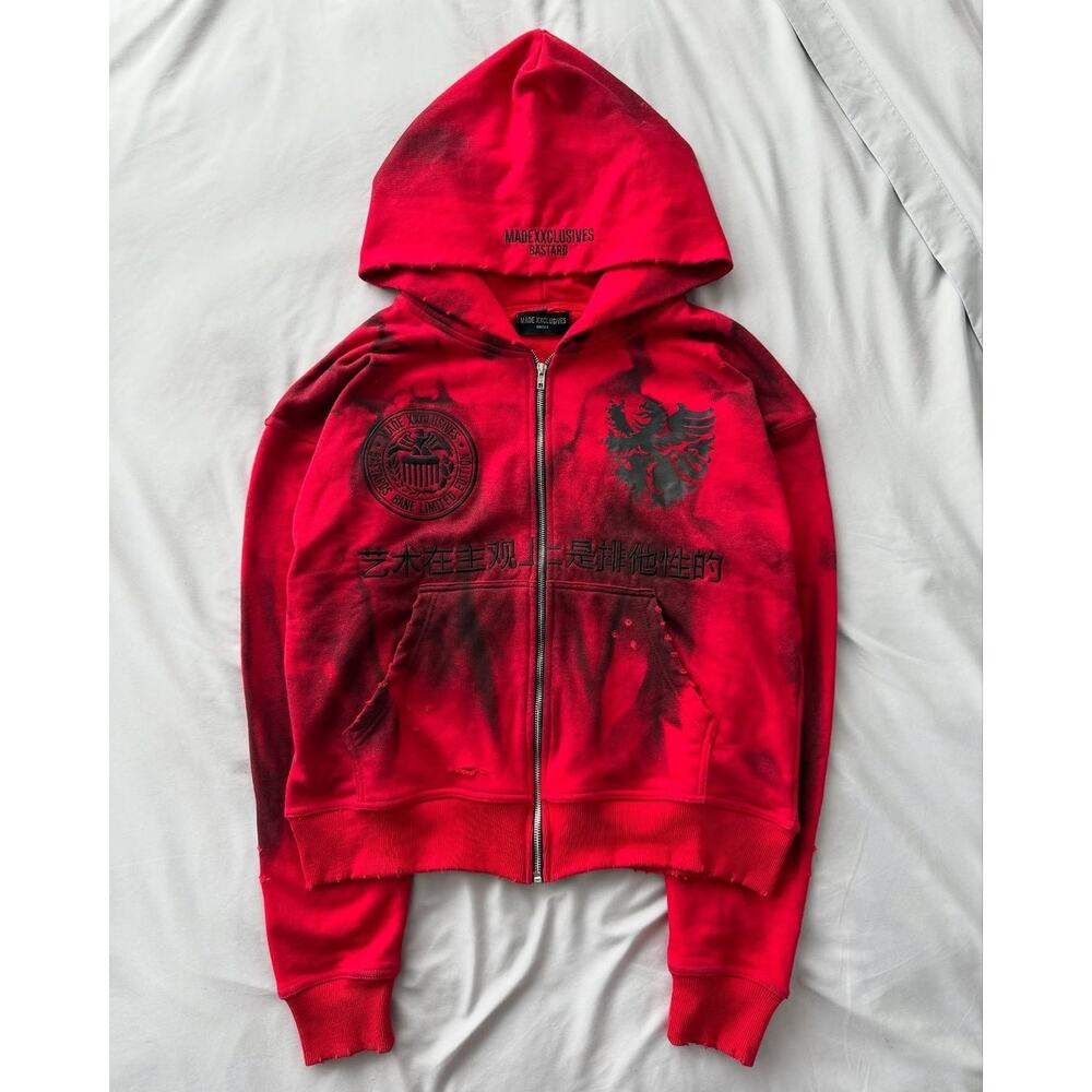 Vintage Dirty Wash Embroidered Red Zip Up Hoodie Jacket size M